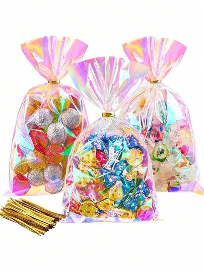 100pcs Glow-In-The-Dark Cellophane Bags, Holographic Plastic Gift Bags With Twist Ties, Suitable For Party Favors, Candies, Cookies, Snacks, Small Gifts, Cellophane Bags, Plastic Gift Bags, Clear Cookie Bags, Snack Bags, Party Favor Bags