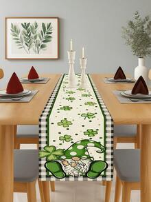1 Pc St. Patrick'S Day Table Runner With Lucky Four-Leaf Clover Cute Cat And Goblin Pattern Holiday Party Restaurant Kitchen Tablecloth - Sprout Green - View 4