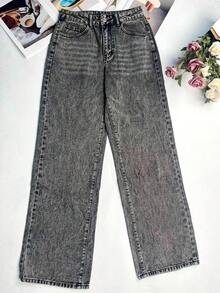 Fashion Women Loose Fit Straight Leg Denim Pants Casual Retro Versatile Daily Commute Trousers - Grey - View 6