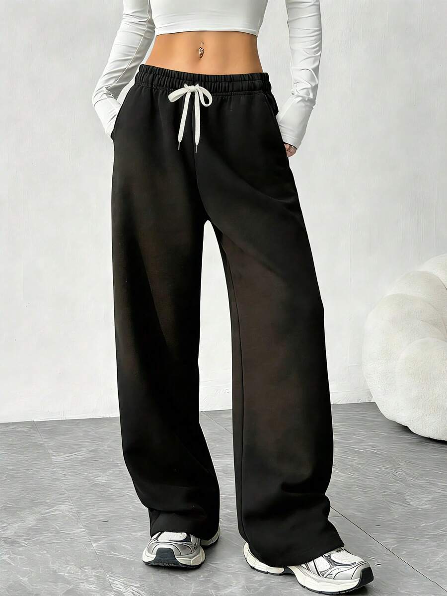 Women's Loose Straight-Leg Sweatpants, Casual Wide-Leg Pants, Versatile Sports & Leisure Long Trousers, Spring/Summer - Black - View 1