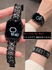 1pc Compatible With Apple Watch Band, Unisex, Shiny Fashion Jewelry Black Metal Chain Bracelet, Compatible With Apple Watch 38mm 40mm 41mm 42mm 45mm 46mm 49mm, Series 10/9/8/7/6/5/4/3/2/1/SE/Ultra, Adjustable Wristband, Diamond Stainless Steel Metal Strap.