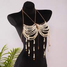 Elegant And Sexy Pearl Beaded Bust Chain Tassel Halter Tank Top Body Jewelry Bikini Beach Accessory Bikini Chain Pearl Bra, Holiday Gift - trắng - Xem 6