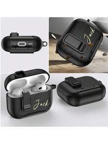 [Customized]Personalized Initials Letters Customize Lychee Pattern Lock Buckle Bracket Earphone Case Earphone DIY Case Compatible With Airpods 1 2 3 4 Pro 2 Pro 3 Luxury Cover Perfect Gift For Birthday Present, Christmas Gift,