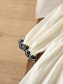 1pc Girls Embroidered Collar Dress, Long Sleeve Elegant Minimalist Dress For Outings And Vacations, Spring/Autumn - Apricot - View 4