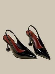 女士黑色漆皮尖头小猫跟鞋，优雅正式礼服鞋，时尚搭扣派对高跟鞋，简约松紧后跟带高跟鞋 - 黑色 - 查看 6