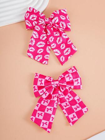 2pcs Girls' Red Lip Print & Pink Flower Bow Decor Fashion Cute Hair Clips, Suitable For Valentine's Day Or Daily Use