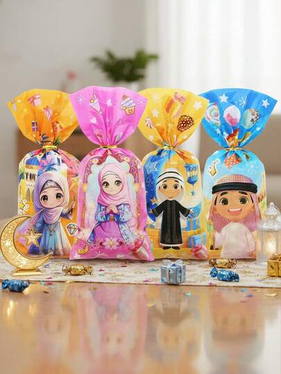50/100pcs Eid Mubarak Gift Bags, Ramadan Colorful Treat Bags, Candy And Cookie Bags, Packaging Bags With Moon, Castle And Star Patterns - Durable Plastic Candy Bags With Drawstring Closure, Suitable For Ramadan Celebrations And Islamic Ramadan Party Favors