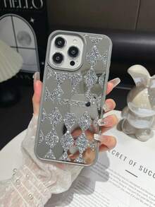 1 Peça Capa de Telefone 2 em 1 à Prova de Choque e Anti-Queda com Espelho Xadrez Preto e Strass "LUCKY" Compatível com iPhone 17 Pro Max - Prata - Visão 5