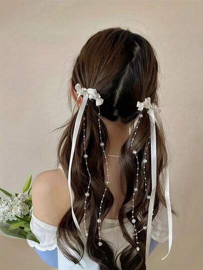 French Ballet Style Ribbon Beaded Long Tassel Bow Hair Clip, Sweet Girl Ballet Inspired Woven Hair Clip, New Hair Accessory, Claw Clips, Hair Slide, Hair Barrettes