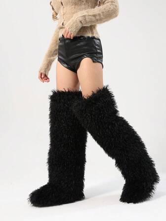 New Fashionable Ultra-High Faux Fur Snow Boots, Thigh-High Over-The-Knee Boots, Furry Boots