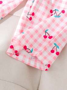 2pcs Baby Girls' Sweet Cherry Plaid Sleeveless Top And Casual Pants Set, Summer - Pink - View 5