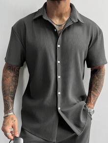 Vintage Men's Ribbed Knit Shirt, Short Sleeve Polo Collar, Solid Color Textured Shirt, Suitable For Summer Vacation, Casual And Office Wear. An Excellent Christmas And New Year Gift For Dad Or Husband. - Dark Grey - View 2