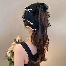 European And American Style Multi-Layer Pearl Claw Clip High-End Black Ribbon Vintage Fashion High Ponytail Hair Clip For Women Back Of Head - 白色 - 查看 8