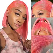 Pink Bob Wig Human Hair Brazilian Straight 13X4 HD Transparent Pink Red Bob Lace Front Wigs Human Hair Glueless Wigs Pre Plucked With Natural Hairline 180 Density Short Bob Frontal Wigs For Women - Pink - 查看 5