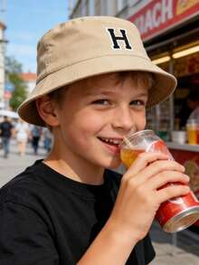 1顶26字母儿童遮阳帽渔夫帽，男女童夏季防晒沙滩帽，休闲日常佩戴，徒步旅行，旅行 - 卡其色 - 查看 3