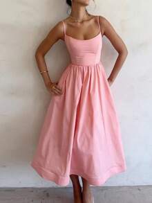 Women's Elegant Sleeveless A-Line Slip Dress, Resort Wear, Sexy Solid Color Long Formal Casual Dress With Low Neckline - 粉色 - 查看 1