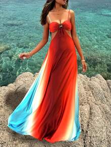 Vestido de tirantes finos con degradado de color estilo isleño, cubrecosturas para la playa - Multicolor - Ver 2