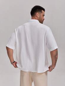 1pc Men's White Textured Plaid Collar Single-Breasted Short Sleeve Shirt, Stylish & Versatile Men's Polo Shirt For Casual, Work, Holiday Parties, Elegant Gift For Father, Boyfriend, Dad, Friend - White - View 5