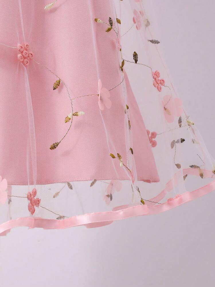 女童可爱甜美花朵蝴蝶结装饰网纱连衣裙，春夏款 - 粉色 - 查看 8