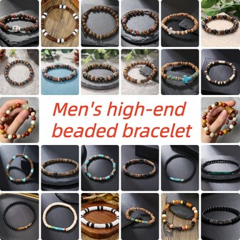 Pulsera de hombre vintage con cuentas, calavera, cruz, cuentas de madera, arcilla suave, cáscara de coco, piedra volcánica, ágata negra, accesorios de moda de varios elementos apilables, adecuado para parejas, joyería de
