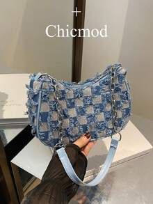 1 件蓝色牛仔拉链格纹印花拼布肩带时尚百搭单肩包，适合女性日常使用、购物、钱包、手提包、年轻女士、大学生、办公室女士。适用于办公室、大学、工作、商务、通勤、户外活动、旅行和郊游。