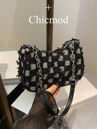 1pc Blue Denim Zip Plaid Patchwork Strap Fashionable Versatile Shoulder Bag, Suitable For Women Daily Use, Shopping, Wallet, College Students, Commuters, Office, Outdoor Activities, Travel