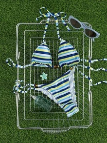 Nuovo set di bikini alla moda con blocchi di colore e righe, top triangolare e slip - Blu - Visualizzare 4