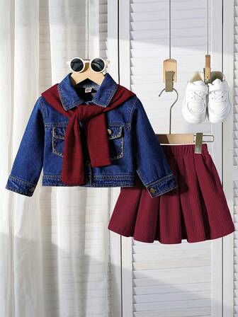 3pcs/Set, Girls Fashionable Casual Embroidered Denim Jacket + Solid Color Skirt + Matching Shawl