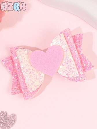 1pc Valentine's Day Pink Glitter Hair Bows,Heart Accessories Hair Clips,Sweet Hair Barrettes For Girls Kids Festival Party Gifts
