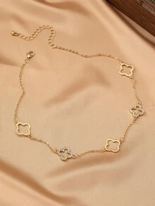 1 pieza Collar con colgante de trébol de cuatro hojas de metal hueco con rhinestones, de estilo minimalista y versátil, adecuado para adolescentes, uso diario, fiestas, reuniones, atuendos festivos, regalo - Amarillo Oro - Ver 2