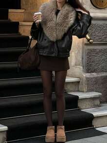 Seelio 秋冬新款女士时尚夹克，欧美风格简约百搭可拆卸领人造革夹克