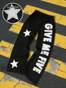 1pc Boys' Casual Street Vintage "Give Me Five" & Pentagram Embroidered Straight Leg Pants, Spring/Summer - Black - View 1