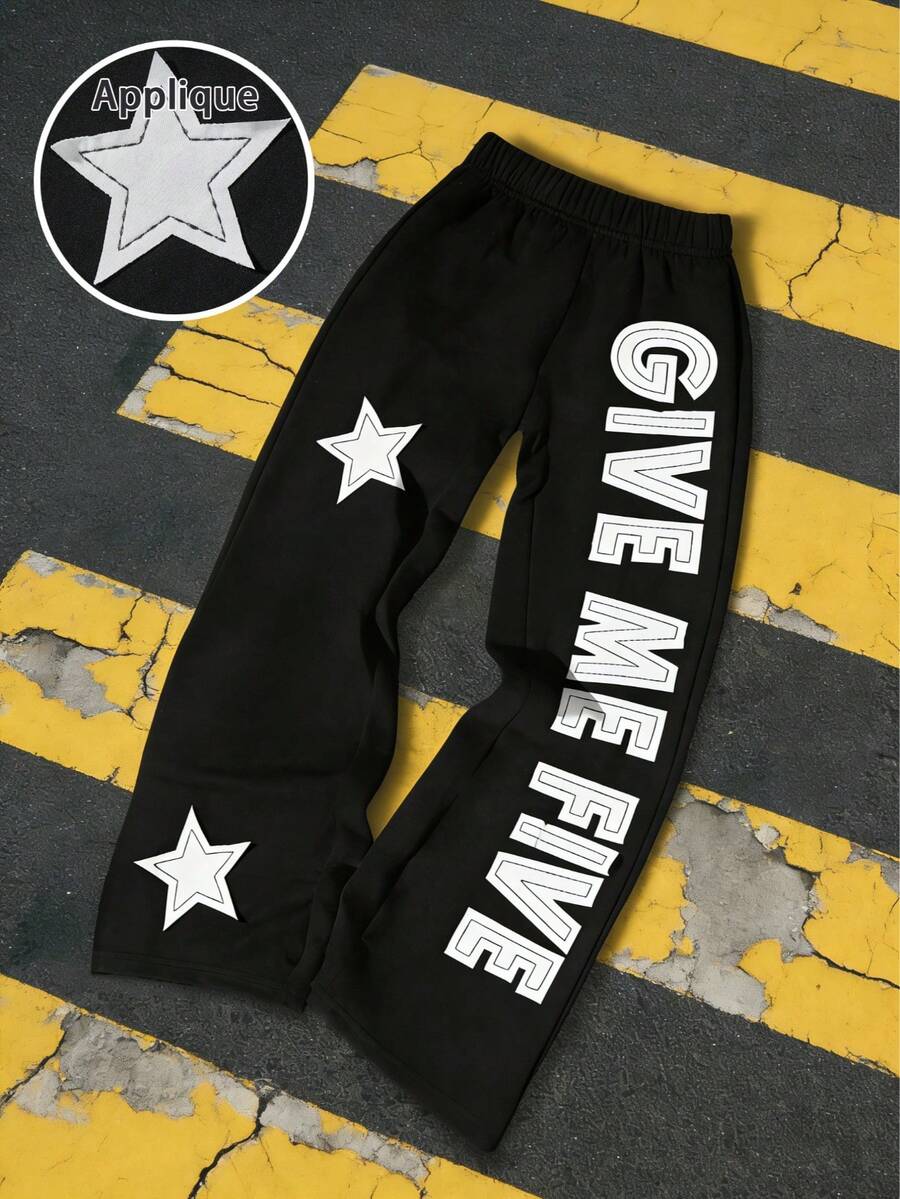 1pc Boys' Casual Street Vintage "Give Me Five" & Pentagram Embroidered Straight Leg Pants, Spring/Summer - Black - View 1