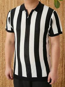 男士撞色条纹短袖镂空针织上衣 - 黑色 - 查看 7