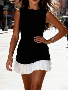 简约优雅都市风黑白褶皱套头连衣裙，春夏款 - 黑與白 - 查看 1