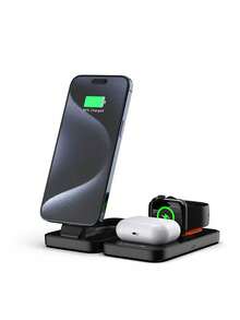 Four-In-One 15W Wireless Charging Station With Three Charging Ports, Compatible With IPhone 16/15/14/13/12, Pro Models, And  Watch Series 10/9/8/SE. - Black - View 12