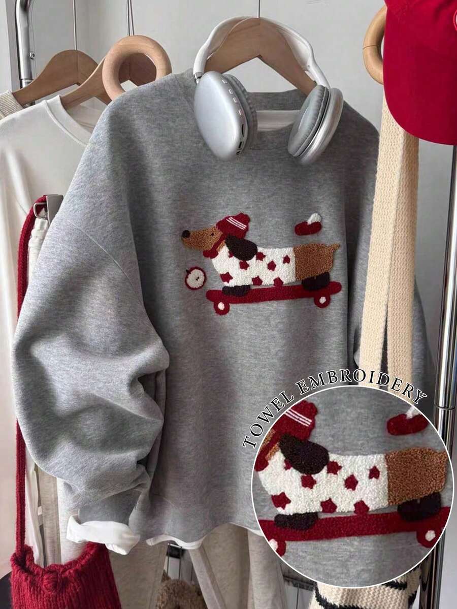 1件装休闲可爱腊肠犬刺绣图案毛巾，女士秋季服装，女士冬季服装，2025年新款秋季女士时尚，女士休闲落肩圆领长袖卫衣