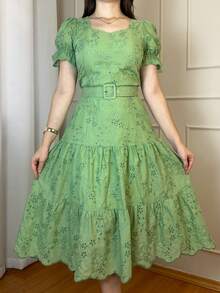 Women's 3-Marias Midi Dress In Elegant Cotton Lace With Belt And Ruffled Hem - Casual Fashion - For Dating Or Weddings - 薄荷綠 - 查看 2