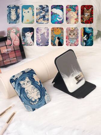 1pc Cat Series Portable Vanity Mirror, Foldable, Lightweight, Ultra-Thin, Convenient Hand Mirror, Durable PU Leather, Suitable For Multiple Scenarios, All People, Foldable Pocket Mirror, Cartoon INS Style Cute Cat & Flower Pattern Design, Exquisite, Foldable Structure, Durable, Reliable, Drop-Resistant, Easy To Carry, 180° Flip Cover, Multi-Functional