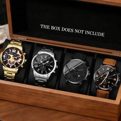 Conjunto de 4 piezas de relojes de cuarzo minimalistas y casuales para hombres, incluye 4 estilos de correas: dorado, plateado, cuero negro y cuero marrón, con marcadores de tiempo en números romanos y múltiples subdiales, que muestran un estilo elegante y sencillo para reflejar el refinado gusto de los hombres. Como un accesorio de reloj de pulsera práctico, adecuado para uso diario.