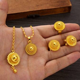 Set de 4 piezas de joyería minimalista clásica de color dorado, que incluye aretes, anillo, collar y diadema. Conjunto de joyería para mujeres de Oriente Medio y África, ideal como regalo para fiestas de cumpleaños, festivales y bodas.