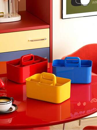 1 pieza Cesta de almacenamiento de plástico con asa, caja de almacenamiento portátil para lápices y artículos de papelería con múltiples compartimentos para una fácil organización en diversos entornos, organizador versátil para el hogar, dormitorio, sala de estar, aula, rincón de estudio, suministros de arte y manualidades, kits de bricolaje, decoración del escritorio de la oficina, ordenación, ligera pero resistente, agarre cómodo, fácil acceso, superficie lavable