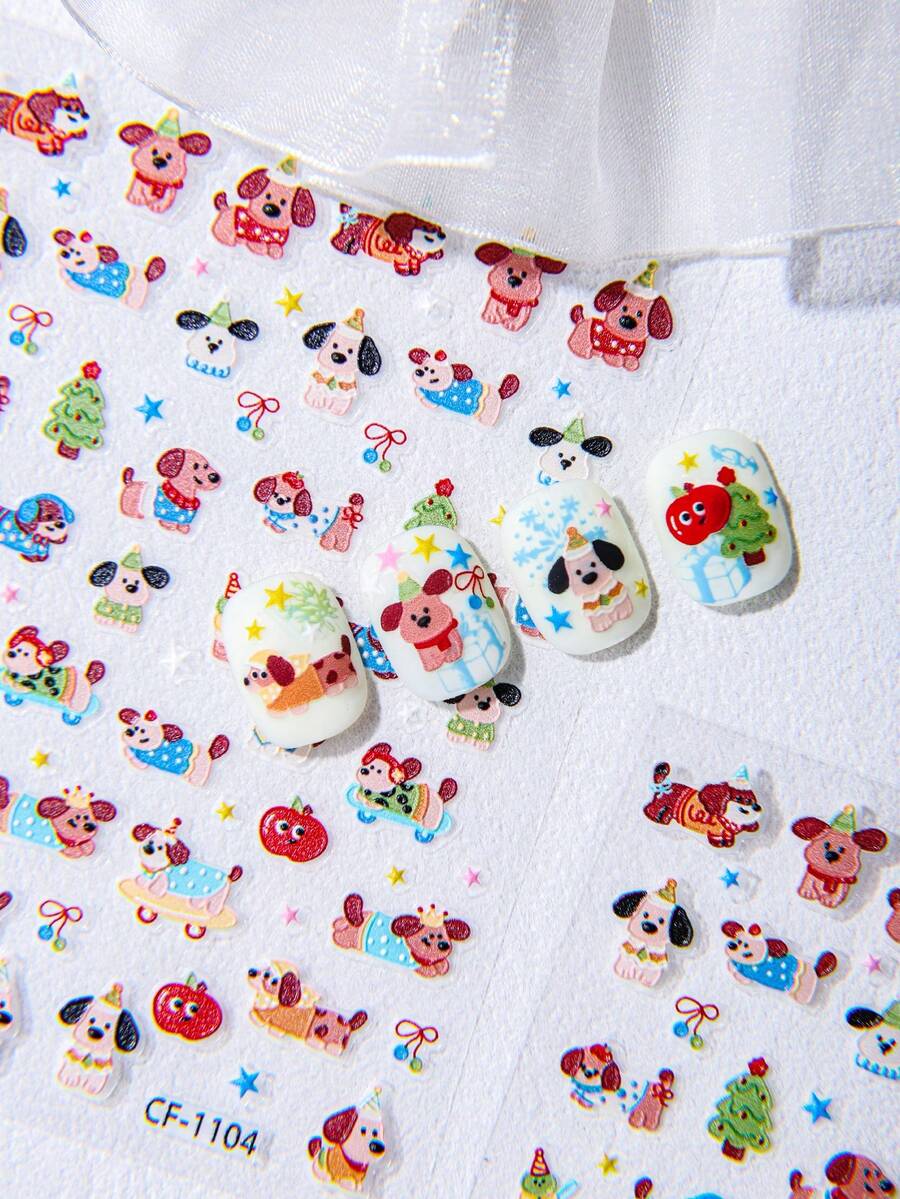 O foaie de autocolante pentru unghii de Ziua Îndrăgostiților. Autocolante colorate în stil graffiti cu model creativ de cățeluș drăguț, brad de Crăciun, skateboard, măr. Stil Y2K. Potrivit pentru arta unghiilor DIY. Autocolante decorative. Autocolante drăguțe cu desene animate. Autocolante impermeabile în stil cuplu. Unghii. - Multicolor - Vizualizare 1