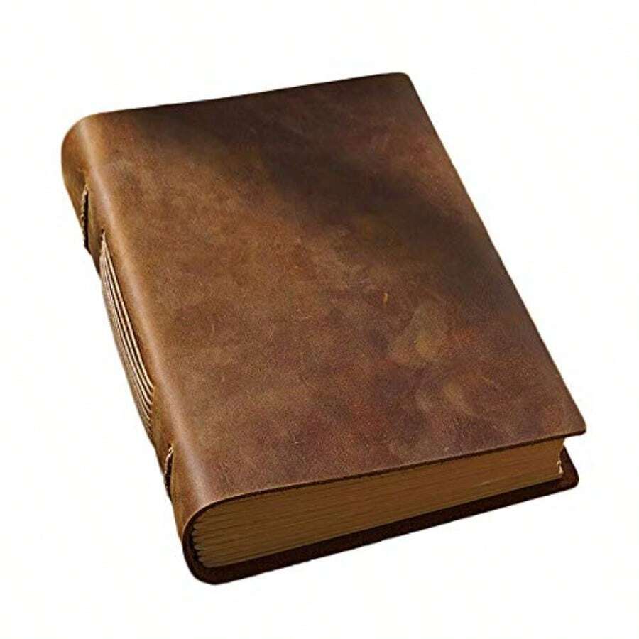 MOLIMERLeather Writing Journal SINLOOG Handmade Bound Genuine Crazy Horse Leather Cover Notebook with Unlined Vintage Paper 120 GSM 7.5 x 5.5 inch (A5) Classic Brown Sketchbook 400 Pages Diary Gift for Travelers Writers Artists - como en la foto - Ver 1