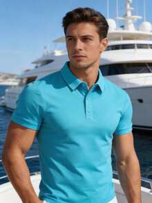 Men's Solid Color Breathable Fashion Casual Business Running Fitness Elastic Polo Shirt, Boyfriend Style - Blue - View 2