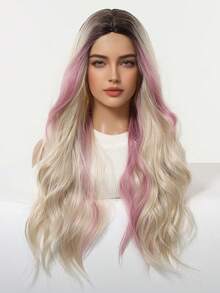 24 Inch Center Parted Long Curly Ombre Pink & Gold Synthetic Heat Resistant Fiber Wig, Women Wigs Suitable For Festivals, Parties And Daily Wear - Pink Highlight - View 4