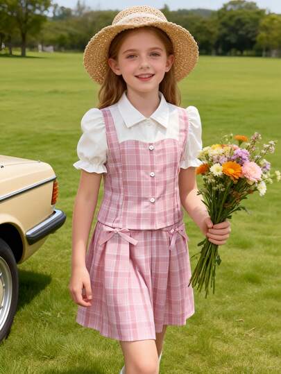 2pcs/Set Girls Sweet Plaid Skirt Outfit, Pink Plaid Color Block Puff Sleeve Cardigan Top Paired With Elastic Waist Pleated Skirt, Preppy Style Suitable For Spring, Summer, Autumn, Back To School Season