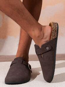 Men's Black Faux PU Leather Adjustable Strap Slippers With Gold-Tone Hardware, Comfortable For Indoor/Outdoor Wear, Round Toe With Rubber Sole, Suitable For Casual, Office, Beach And More Occasions - Dark Brown - View 6