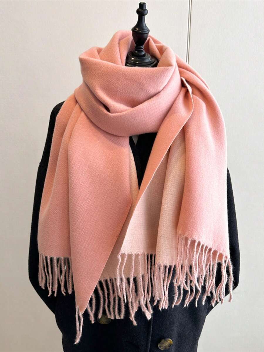 1pc Fashion New Double-Sided Scarf For Women, Winter Dual-Use High-Grade Solid Color Air-Conditioned Room Shawl Long Tassel Thick Warm Scarf - Watermelon Pink - View 1