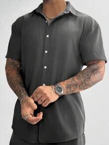 Vintage Men's Ribbed Knit Shirt, Short Sleeve Polo Collar, Solid Color Textured Shirt, Suitable For Summer Vacation, Casual And Office Wear. An Excellent Christmas And New Year Gift For Dad Or Husband. - Dark Grey - View 3